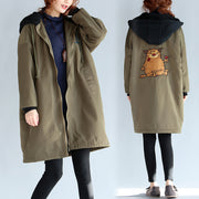 2021 green plus size cotton thick coats cartoon prints hooded warm zippered trench coats