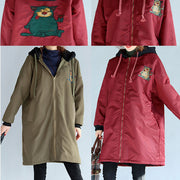 2021 green plus size cotton thick coats cartoon prints hooded warm zippered trench coats