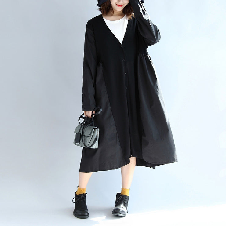 2024 new black patchwork cotton silk outwear plus size v neck large hem cardigans