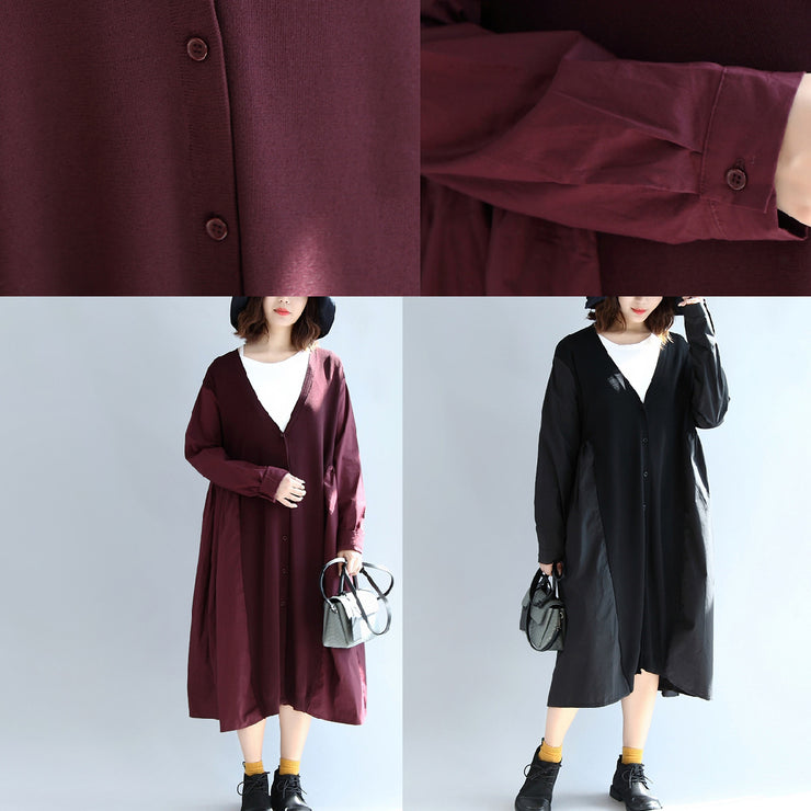 2021 neue schwarze Patchwork-Baumwollseiden-Oberbekleidung in Übergröße mit V-Ausschnitt und großem Saum