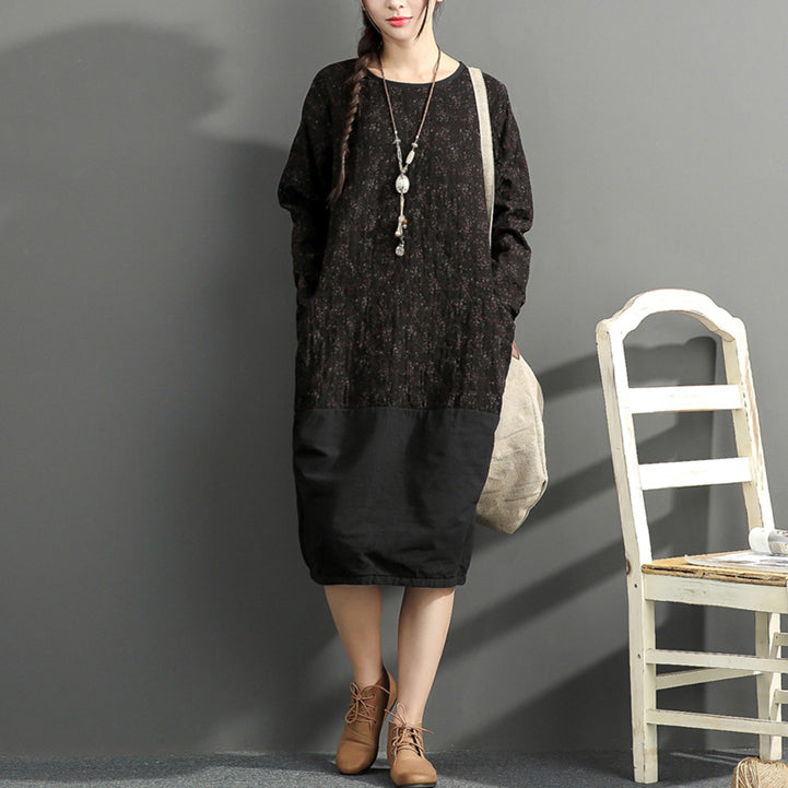 2021 neue schwarze Drucke Baumwollkleider übergroßes langärmliges dickes warmes Frauenkleid