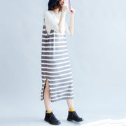 2021 new fashion gray white striped sweater sleeveless dresses loose  casual dress side open