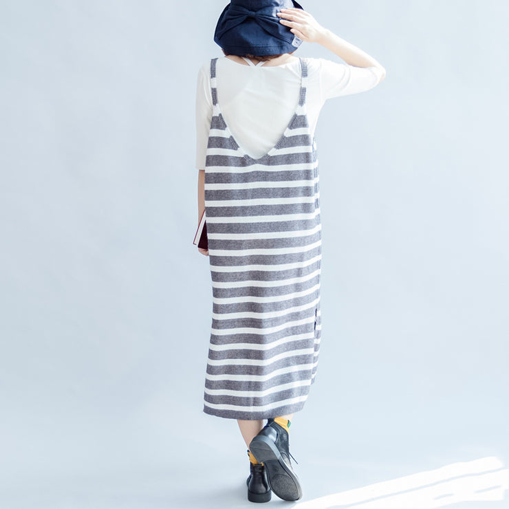 2021 new fashion gray white striped sweater sleeveless dresses loose  casual dress side open