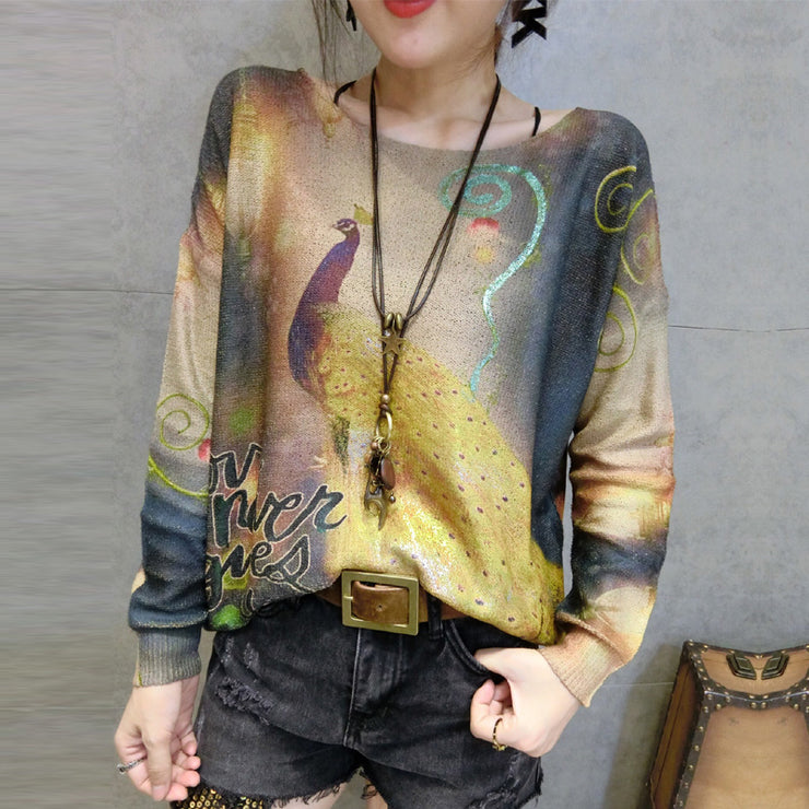 2024 new gold phoenix prints cotton knit tops plus size casual long sleeve sweater pullover