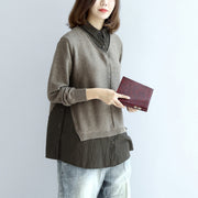 2021 new khaki grid knit tops fine casual long sleeve pullover false two pieces