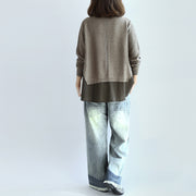 2024 new khaki grid knit tops fine casual long sleeve pullover false two pieces