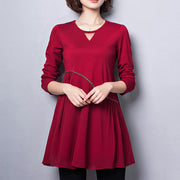 2021 new red cotton blended dresses loose  fit v neck patchwork chiffon dress