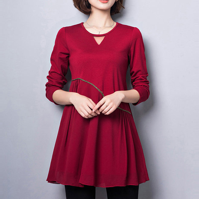 2024 new red cotton blended dresses loose  fit v neck patchwork chiffon dress