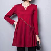 2021 new red cotton blended dresses loose  fit v neck patchwork chiffon dress
