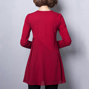2024 new red cotton blended dresses loose  fit v neck patchwork chiffon dress