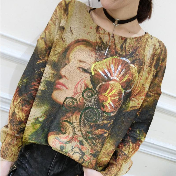 2024 plus size casual  fit sweater t shirts fashion belle prints long sleeve knit pullover