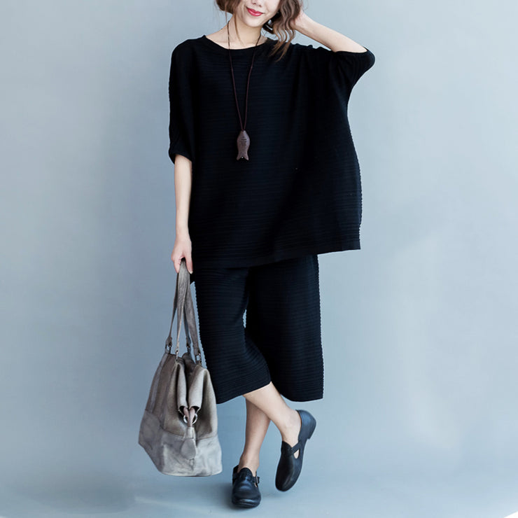 2021 stylish black cotton thin sweaters and casual wide leg pants knit two pieces