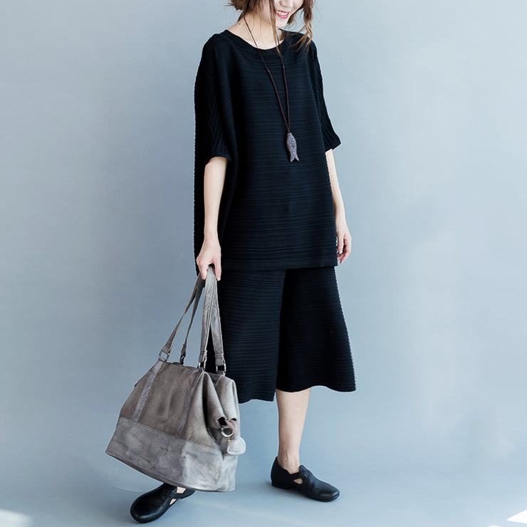 2021 stylische dünne Pullover aus schwarzer Baumwolle und lässige Hosen mit weitem Bein stricken zwei Teile