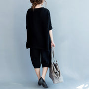 2021 stylish black cotton thin sweaters and casual wide leg pants knit two pieces