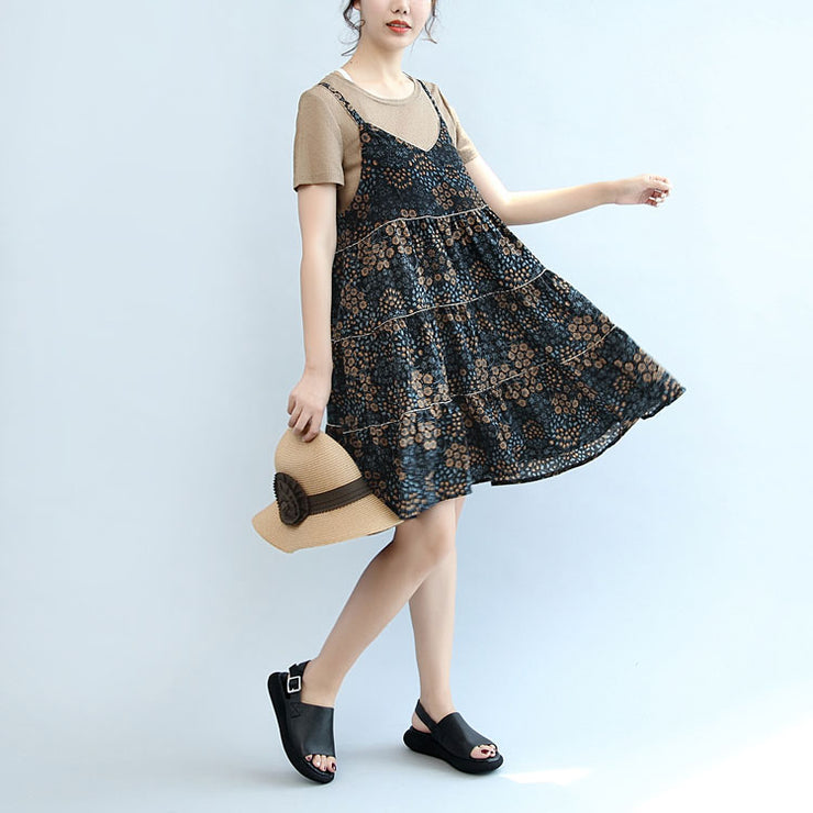 2024 summer brown casual t shirt and floral stylish sleeveless linen dresses two pieces
