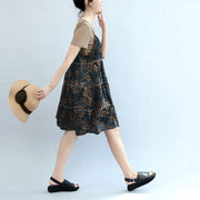 2024 summer brown casual t shirt and floral stylish sleeveless linen dresses two pieces