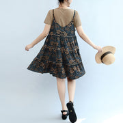 2021 summer brown casual t shirt and floral stylish sleeveless linen dresses two pieces
