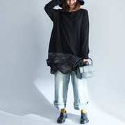 2024 unique black cotton patchwork knit tops plus size casual long sleeve sweaters