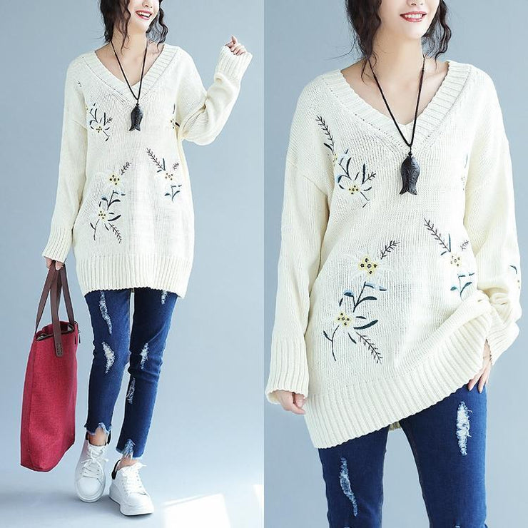 2021 white embroidery casual knit dresses plus size women v neck sweater dress