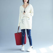 2024 white embroidery casual knit dresses plus size women v neck sweater dress