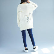 2024 white embroidery casual knit dresses plus size women v neck sweater dress