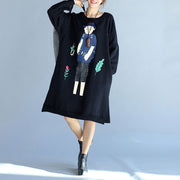 2024 winter black thick cotton dresses plus size prints long sleeve side open  casual shift dress
