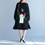 2024 winter black thick cotton dresses plus size prints long sleeve side open  casual shift dress