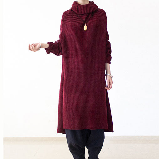 2024 winter burgundy cotton knit sweater dresses plus size turtle neck warm winter dress