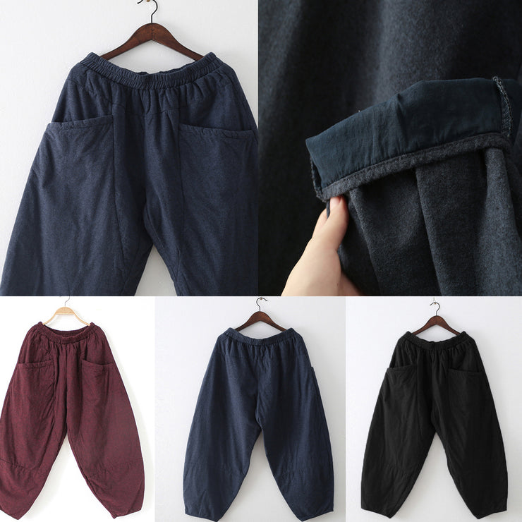 2024 winter dark blue cotton pants warm thick oversized linen pants casual cozy style
