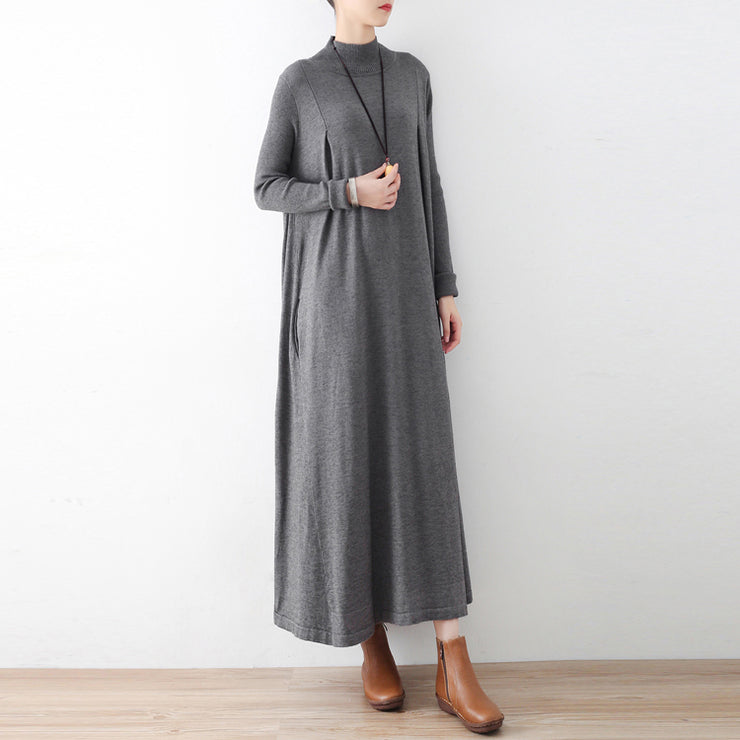 2021 Winter graue Strick Maxikleider elegante warme Wollkleider Kaftans Kleid