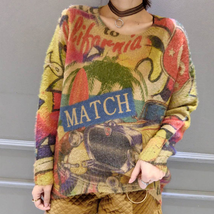 2024 winter o neck alphabet print cotton sweater tops ovresize long sleeve fashion knit pullover