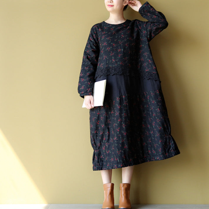 2021 winter warm embroidery floral cotton dresses oversize print patchwork linen thick maxi dress