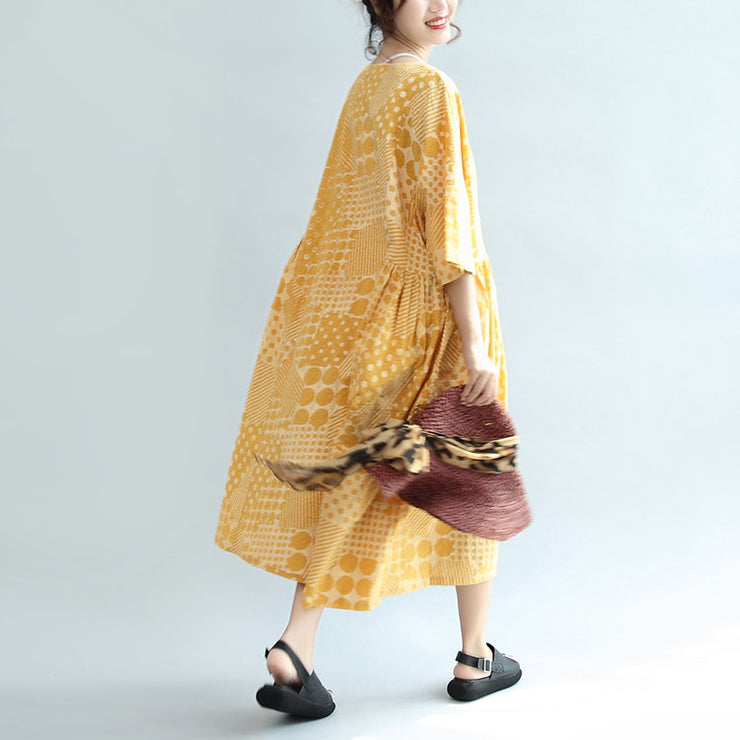 2024 yellow casual cotton dresses print  plus size sundress bracelet sleeved maxi dress