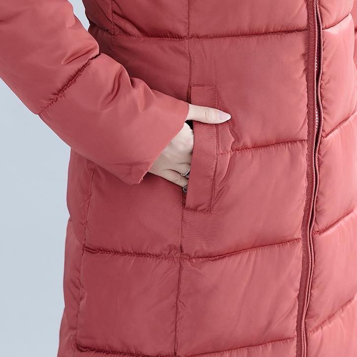 2019 Casual red Winter Fashion plus size hooded cotton jacket women pockets zippered trench cotton coats - SooLinen