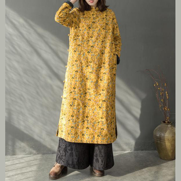 2019 Neue gelbe Blumenfrühlingskleider chinesisches Element Frauen verdicken lange Kleider
