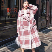 2018 Plaid Wool Coat casual Notched tie waist maxi coat Fashion pockets coat - SooLinen
