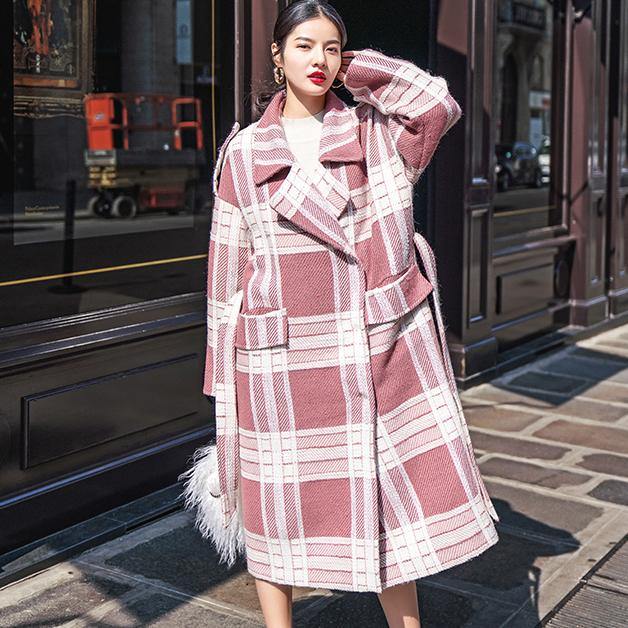 2018 Plaid Wool Coat casual Notched tie waist maxi coat Fashion pockets coat - SooLinen