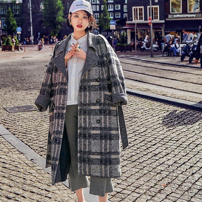 2018 Plaid coat Loose fitting Notched Winter coat Fine double breasted pockets Coats - SooLinen
