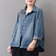 2019 autumn new casual denim blue cotton short coats plus size lapel collar wild tops coat - SooLinen