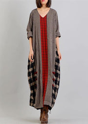 2019 black Plaid autumn Loose fitting v neck patchwork traveling clothing vintage Chinese Button dresses - SooLinen