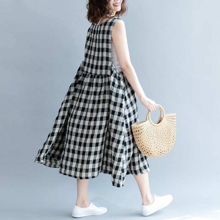 2019 black Plaid linen cotton shift dresses fine Sleeveless baggy dresses O neck Cinched cotton dress - SooLinen