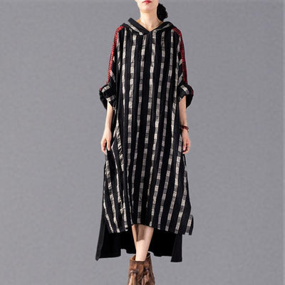 2019 black Plaid long plus size Hooded cotton linen clothing dress New patchwork autumn dress - SooLinen