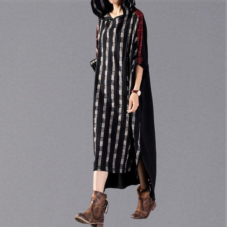 2019 black Plaid long plus size Hooded cotton linen clothing dress New patchwork autumn dress - SooLinen