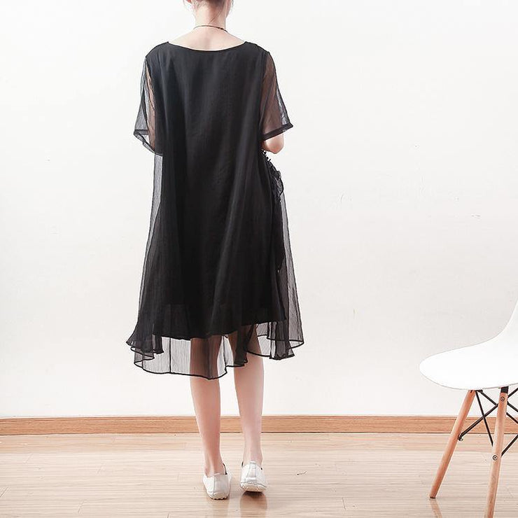 2019 black chiffon dresses casual holiday dresses New o neck asymmetric ruffles chiffon clothing dresses - SooLinen