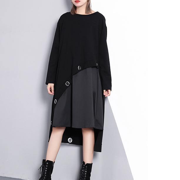 2019 black cotton blended oversize traveling dress two pieces asymmetric New O neck midi dress - SooLinen