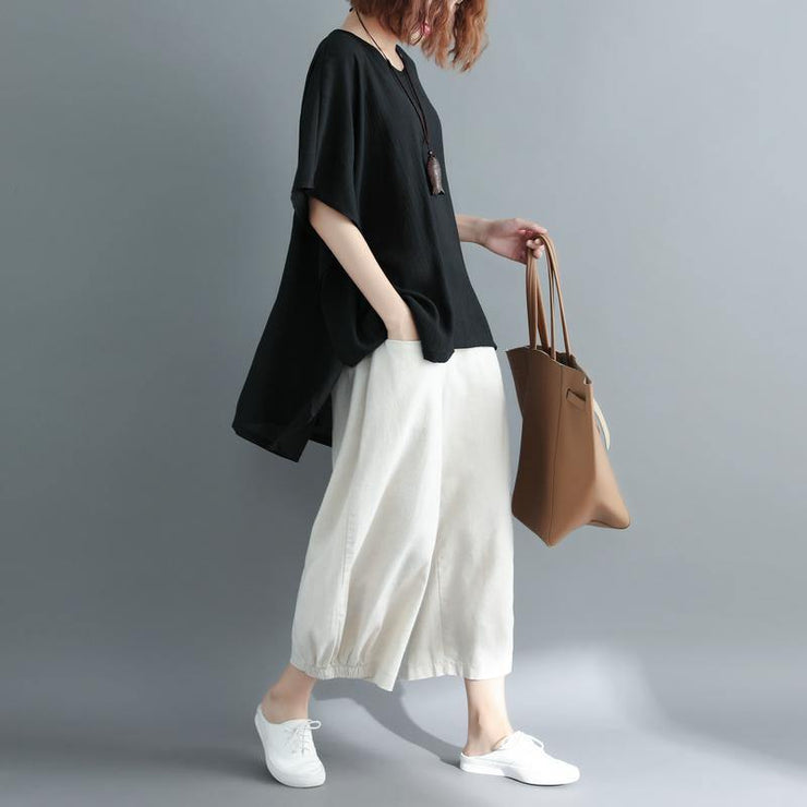 2019 black cotton linen waistcoat trendy plus size linen clothing blouses boutique short sleeve o neck brief t shirt - SooLinen