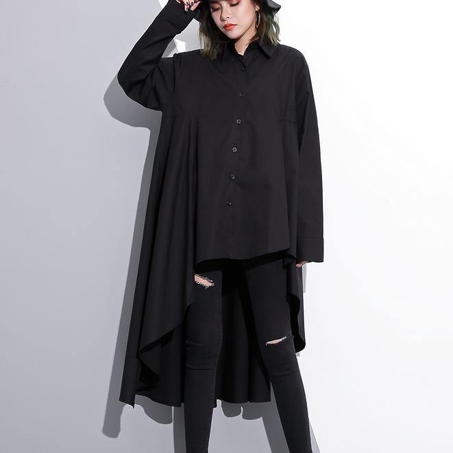 2019 black cotton tops plus size clothing cotton clothing blouses fine low high design lapel collar cotton tops - SooLinen
