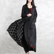 2019 black dotted Jacquard coats plus size Turn-down Collar outwear fine long sleeve pockets long coat - SooLinen