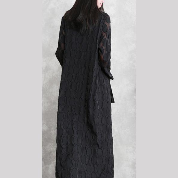 2019 black dotted Jacquard coats plus size Turn-down Collar outwear fine long sleeve pockets long coat - SooLinen