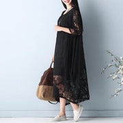 2019 black hollow out maxi dress o neck Half sleeve bridesmaid dress asymmetric summer dress - SooLinen